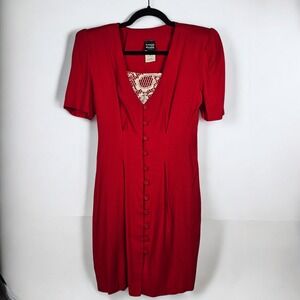 VTG‎ Knapp Studio California Dress Red Button Front Lace V Neck Woman Size 5 USA